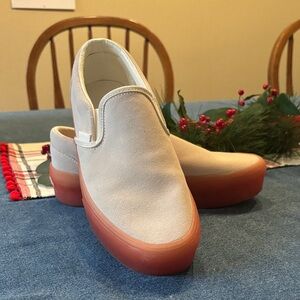 Vans Cream Slip-On Sneakers with Red Sole